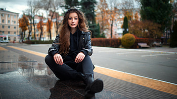 Girl Model Is Sitting On Tiles Floor In Blur Background Wearing Black Dress Girls HD wallpaper