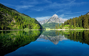 Nature, Trees, Sky, Mountains, Summer, Lake, Reflection, Freshness, Clear, I See, Mirror, Purity, Woods, Scaffolding HD wallpaper