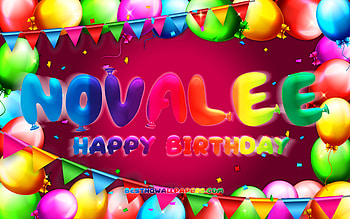 Happy Birtay Novalee, , colorful balloon frame, Novalee name, purple background, Novalee Happy Birtay, Novalee Birtay, popular american female names, Birtay concept, Novalee HD wallpaper