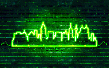 San Antonio green neon silhouette, , green neon lights, San Antonio skyline silhouette, green brickwall, american cities, neon skyline silhouettes, USA, San Antonio silhouette, San Antonio HD wallpaper