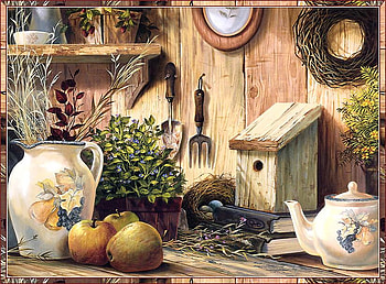 Country Storage, table, shelf, plants, garden tools, cup, tea pot, books, apples, pitcher, bird house HD wallpaper