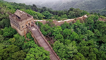 Drone shot of the Great Wall of China amidst lush greenery in Huairou, Beijing. HD wallpaper