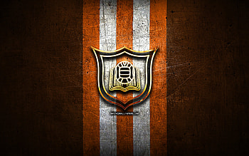 Al Hala SC, golden logo, Bahraini Premier League, orange metal background, football, Al Hala Club, Bahraini football club, Al Hala SC logo, soccer, Al Hala FC, Al-Hala HD wallpaper