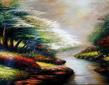 Flowers by the bank, creek, abstract, bank, trees, paint, flowers, textures HD wallpaper