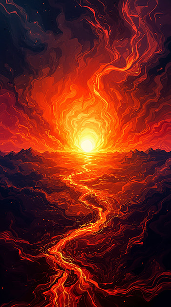 Ember River Sunset, sunset, lava, fire, landscape HD phone wallpaper