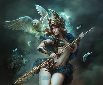 Athena, bufnite, bird, art, madboni, mady madnoliet, goddess, owl, armor, fantasy, green, luminos, pasari HD wallpaper
