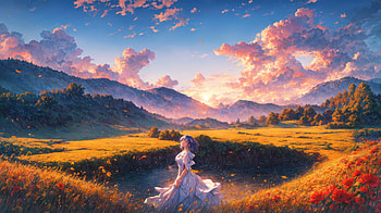Anime Girl In Flower Field At Dusk, anime-girl, flower, field, dusk, mountains, sky, trees, tree, artist, artwork, art, digital-art, pixiv HD wallpaper