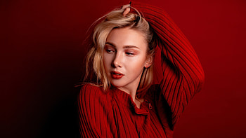 Red sweater, blonde, woman HD wallpaper