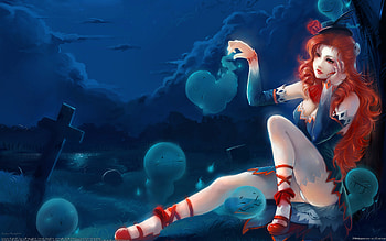 Spooky night, cemetery, dzung phungdinh, red, girl, cg HD wallpaper