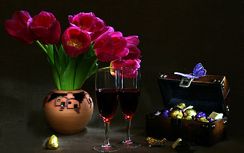 Still Life, colorful, tulip, graphy, colors, tulips, beauty, nice, butterfly, glass, glasses, chocolate, vase, romance, beautiful, box, pretty, nature, romantic, flowers, lovely, wine HD wallpaper