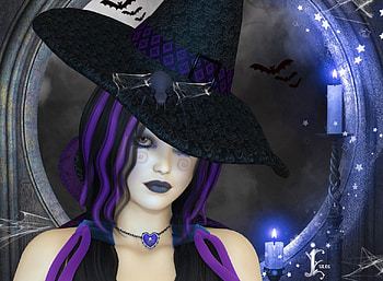 Purple Witch, purple, window, fantasy, candles, bats, hat, witch HD wallpaper