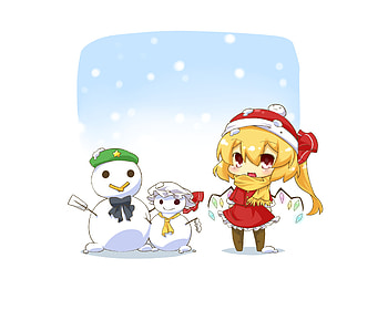 Snowmans!, winter, wings, ribbon, vampire, snowman, snow, touhou, scarf, flandre scarlet HD wallpaper