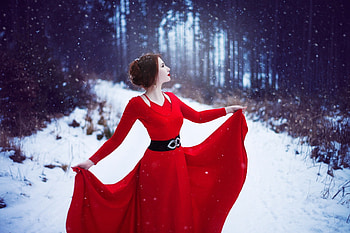 Red Dress Woman In Snow, girls, women, snow, dress HD wallpaper