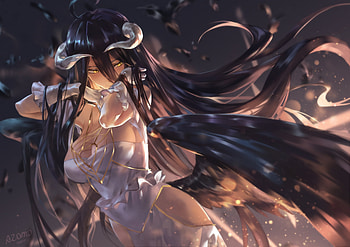 Albedo, sweet, white, horns, girl, beautiful, black hair, long hair, dress, beauty, demon, woman, anime girl, anime, pretty, lovely, female HD wallpaper