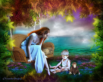 ~Seaside of Love~, seaside, colorful, plants, childs, backgrouds, cute, baby, colors, digital art, charm, animals, trees, female, stunning, bird, Stuffed animals, beautiful, grass, creative pre-made, book, boy, fantasy, pretty, manipulation, models, girls, flowers, women, lovely HD wallpaper