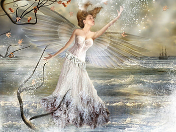 Water Angel, angel, white, fantasy, water HD wallpaper