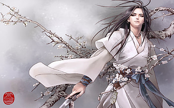 Swordman, sword, cherry blossom, jademan, comic, anime boy, oriental, weapons HD wallpaper