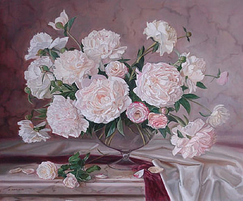 For Cinzia, table, marble, vase, arrangement, leaves, satin, painting, petals, glass, flowers, cloth HD wallpaper