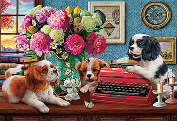 The Writer's Dogs, flowers, window, typewriter, painting, puppies, clock HD wallpaper