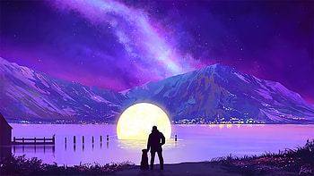 At Moon Lake With Friend, moon, dog, alone, artist, artwork, digital-art, deviantart HD wallpaper