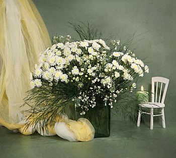 Still life, chair, graphy, vase, veil, beauty, candle, flowers, cloth, harmony HD wallpaper