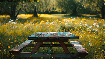 Tranquil Picnic Table in Blossoming Meadow, picnic table HD wallpaper