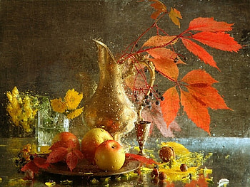 still life, autumn, fruit, flowers, rain HD wallpaper