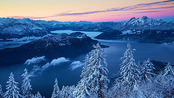 Lake Lucerne, Switzerland, winter, snow, landscape, trees, colors, sky, mountains, sunset, alps HD wallpaper