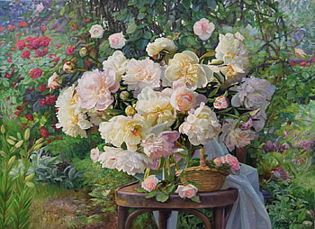 Peonies, white, bujor, bouquet, art, peony, zbigniew kopania, pink, painting, pictura, flower HD wallpaper
