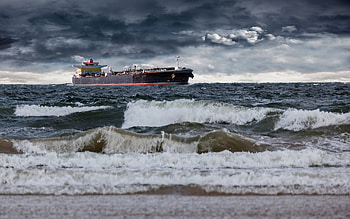 Tanker, sea, clouds, waves HD wallpaper