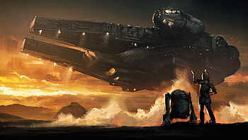 Star Wars, C 3PO, Millennium Falcon, R2 D2, Sunset, Clouds, Painting / and Mobile Backgrounds HD wallpaper