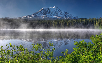 Reflection, forest, lake, snow, mountain HD wallpaper