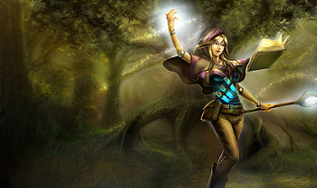 Lux, sorceress, games, staff, long hair, purple eyes, lone, anime, weapon, league of legends, video games, scepter, blonde hair, hooded cloak, forest, female HD wallpaper