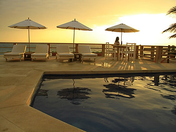 Swimming pool, Girl, Sunset, Evening, Umbrellas, Chairs HD wallpaper