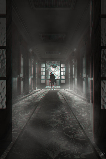 Dark, Silhouette, Miscellanea, Miscellaneous, Fog, Corridor, Door, Doors HD phone wallpaper