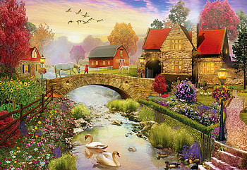 Homestead, houses, village, river, artwork, painting, bridge HD wallpaper