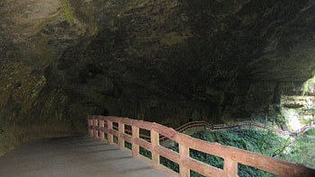 Mountain trail, wooden railings, trail, mountain walls, cavern, Mountain HD wallpaper