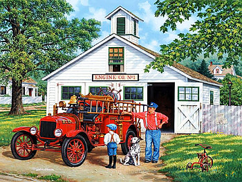 The Inspector, children, man, firefighters, painting, station, trees HD wallpaper