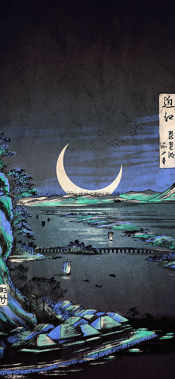 Japanese Night, sky, crescent, moon HD phone wallpaper