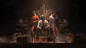 PUBG, Helmet guy with girls, guns throne, video game HD wallpaper