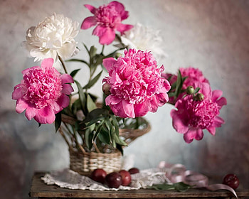 Flowers, Peonies, Blur, Smooth, Bouquet, Tape, Basket HD wallpaper