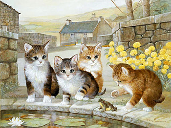 Leap Frog Fun, artwork, kitten, flowers, pond, painting HD wallpaper