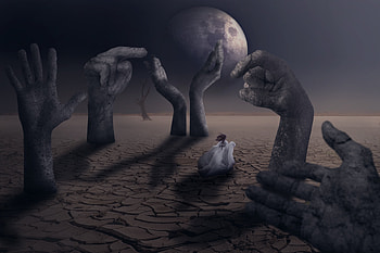 Fantasy, Moon, Desert, Monuments, Girl, Dress, Stone Statues HD wallpaper