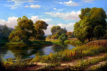 E.Samarskaya. Landscape with a Boat 2010 oil on canvas., river, canvas, painting, art, e samarskaya, nature, oil, tree HD wallpaper