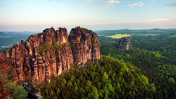 amazing rock cliffs in a forest, cliffs, forest, panorama, rock HD wallpaper