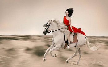 Riding the wind, white horse, red dress, woman, beauty HD wallpaper