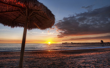 Nature, Sun, Twilight, Sand, Horizon, Shore, Bank, Pier, Ocean, Dusk, Disk, Shed, Canopy HD wallpaper