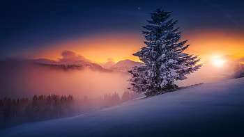 Winter Night, sunset, snow, landscape, clouds, sky, mountains, tree HD wallpaper