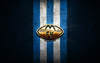 Molde FC, golden logo, Eliteserien, blue metal background, football, norwegian football club, Molde FK logo, soccer, Molde FK HD wallpaper