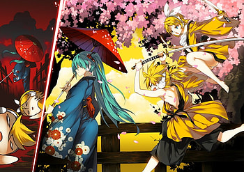 vocaloid, kimono, ciel, aqua hair, samurai, flowers, aqua, long hair, yelow hair HD wallpaper